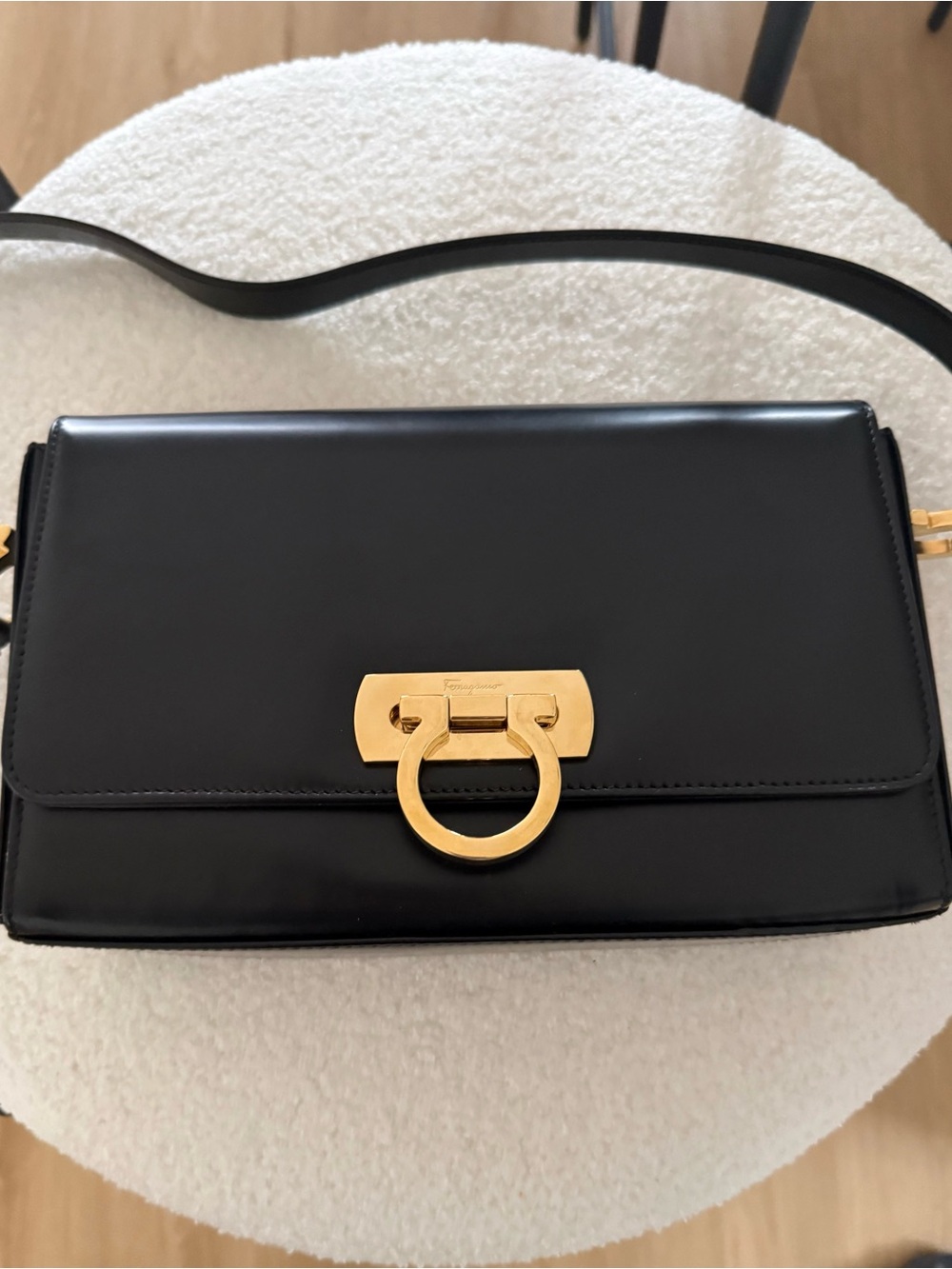 Salvatore Ferragamo Black Leather Crossbody with Gold Gancini Hardware